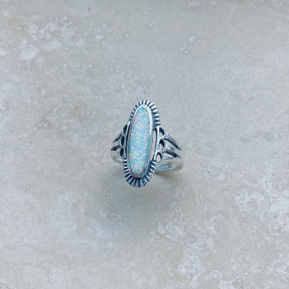 😍TOP SELLER😍 Silver Etched White Lab Opal Ring, Statement Ring, Silver Rings - Picture 5 of 8
